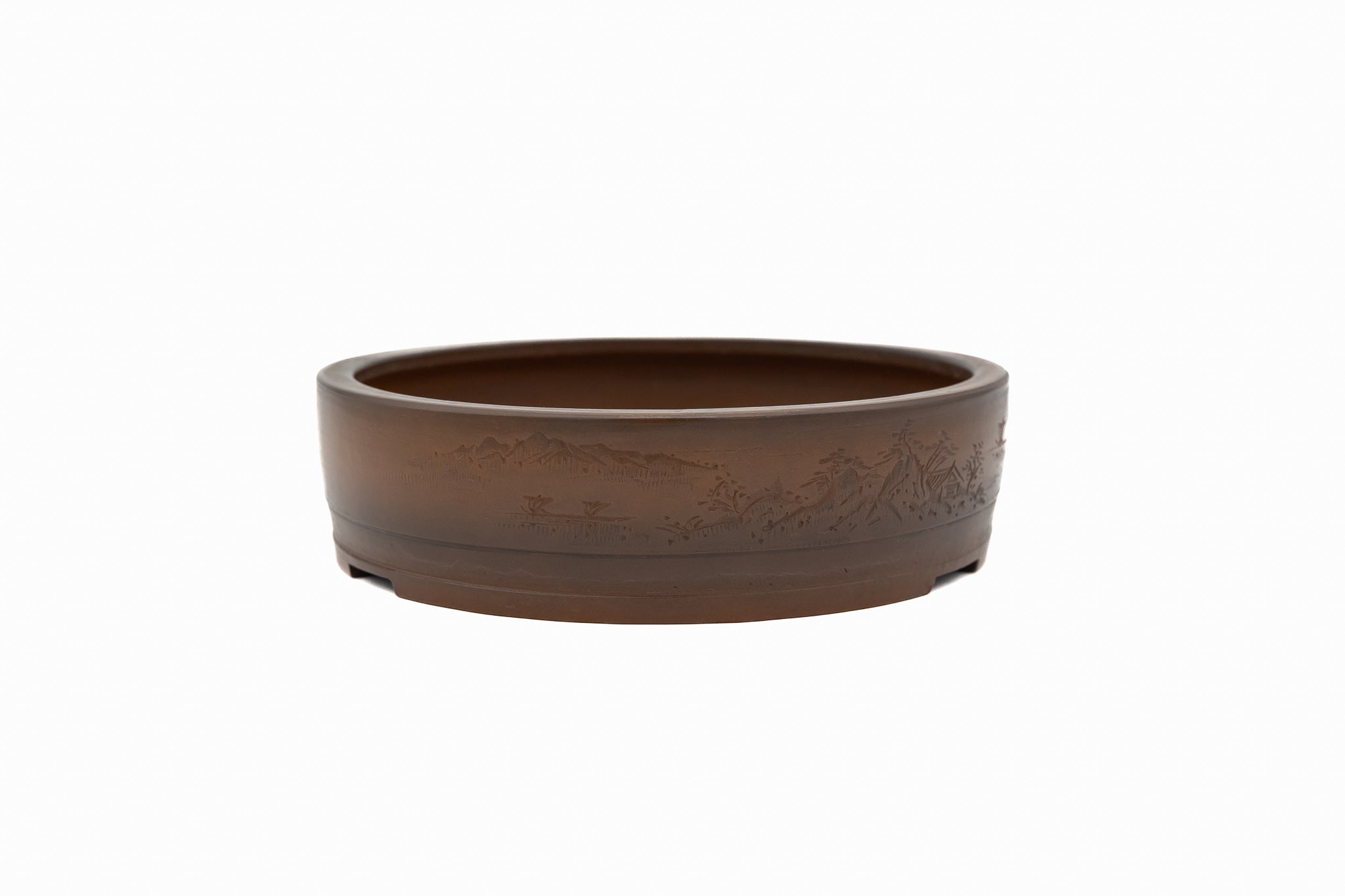 Grande vaso rotondo non smaltato per bonsai – Intagliato a mano, finitura lucida