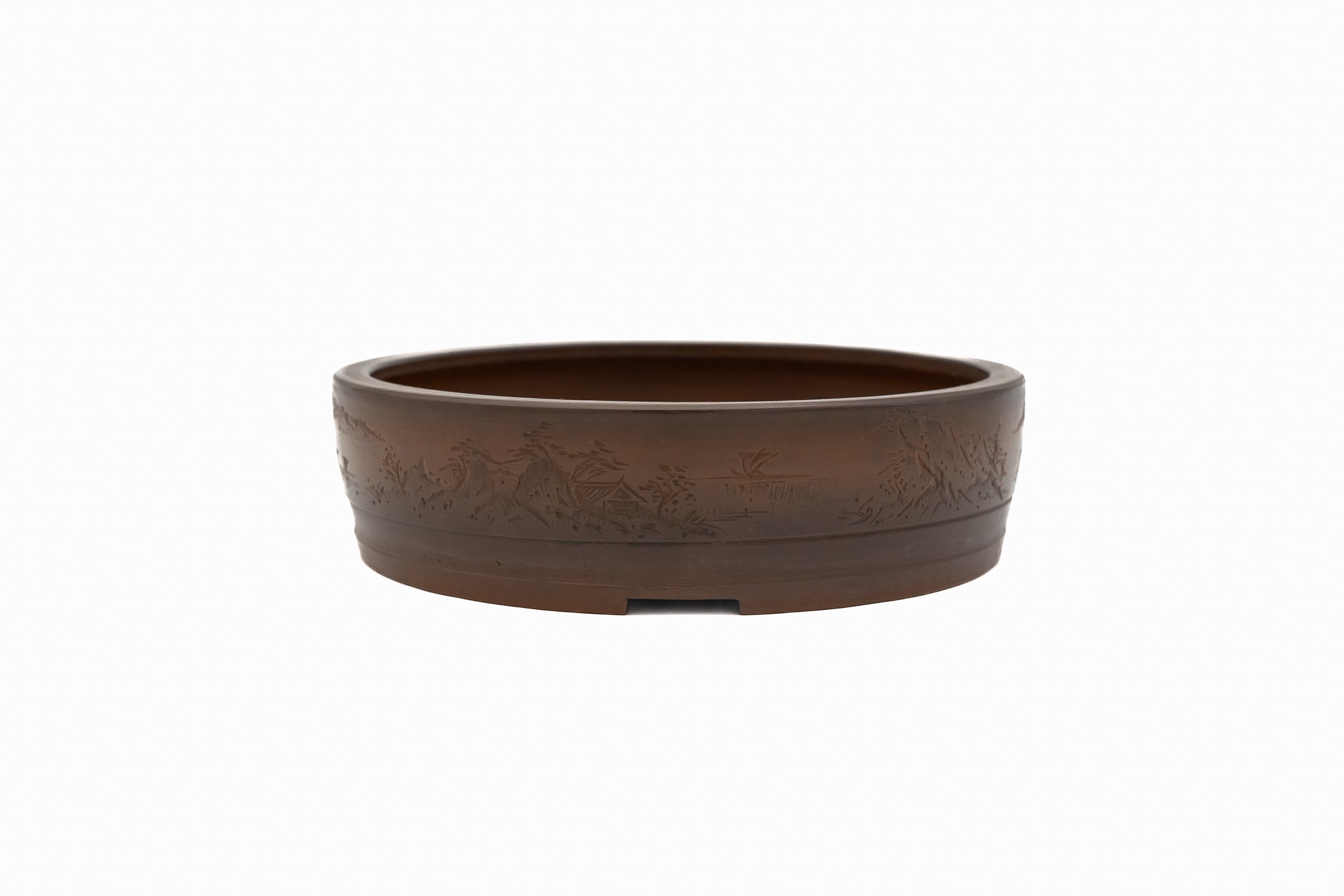 Grande vaso rotondo non smaltato per bonsai – Intagliato a mano, finitura lucida Grande vaso rotondo non smaltato per bonsai – Intagliato a mano, finitura lucida