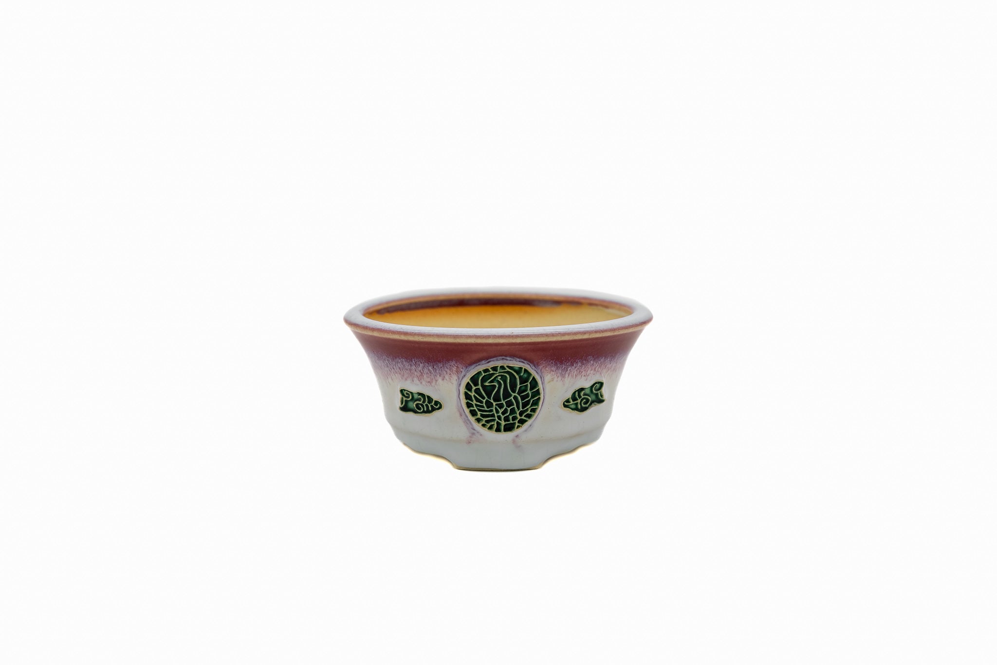 Piccolo vaso rotondo per bonsai – Smalto bianco bicolore, medaglione con gru