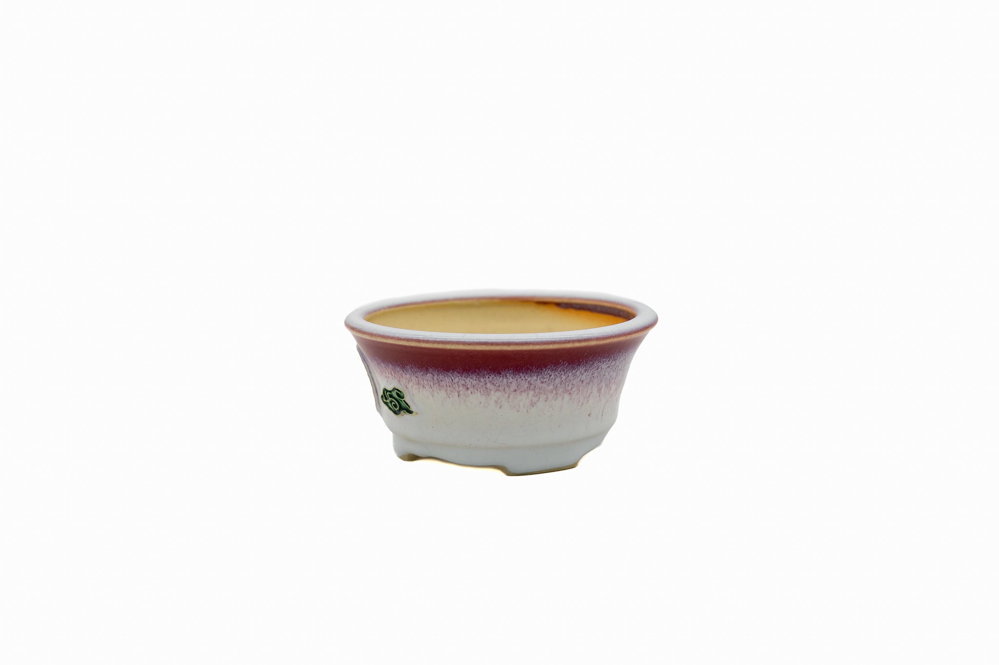 Piccolo vaso rotondo per bonsai – Smalto bianco bicolore, medaglione con gru Piccolo vaso rotondo per bonsai – Smalto bianco bicolore, medaglione con gru