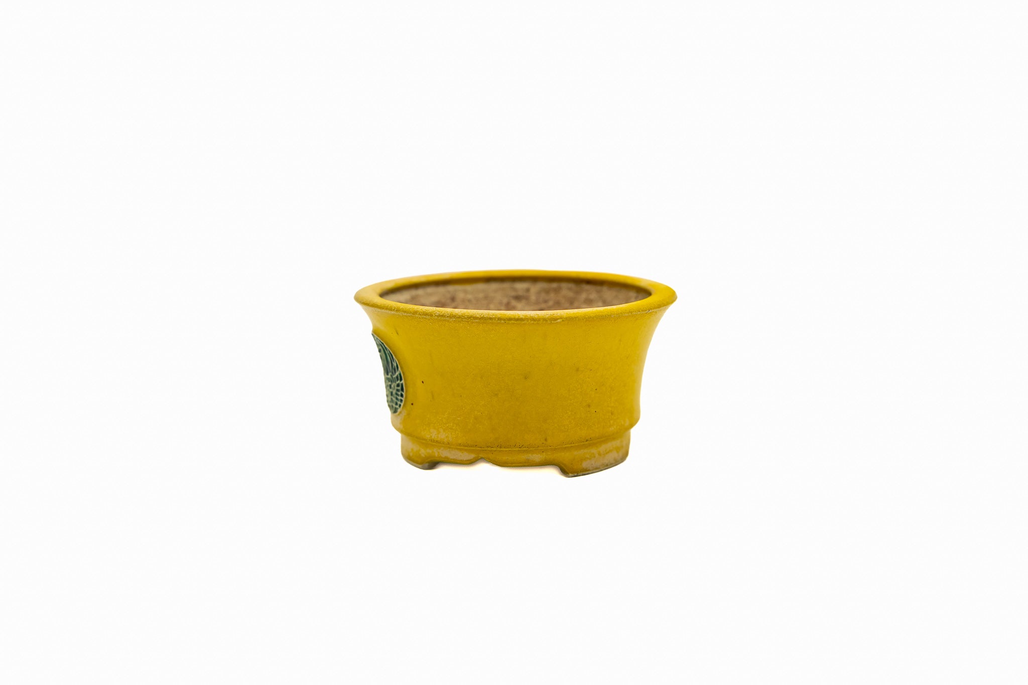 Piccolo vaso rotondo per bonsai – Smalto giallo, medaglione vintage