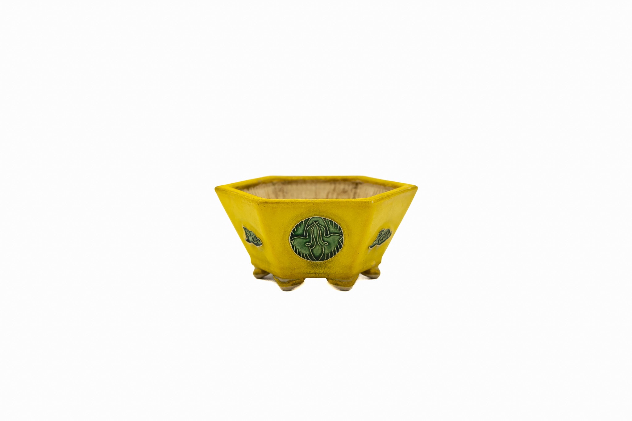 Piccolo vaso esagonale per bonsai – Smalto giallo, medaglione vintage Piccolo vaso esagonale per bonsai – Smalto giallo, medaglione vintage
