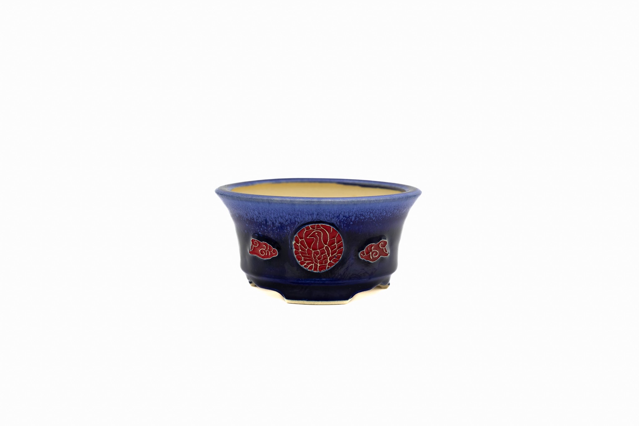 Piccolo vaso rotondo per bonsai – Smalto blu Ruri, qualità da competizione, piedini a sezione quadrata