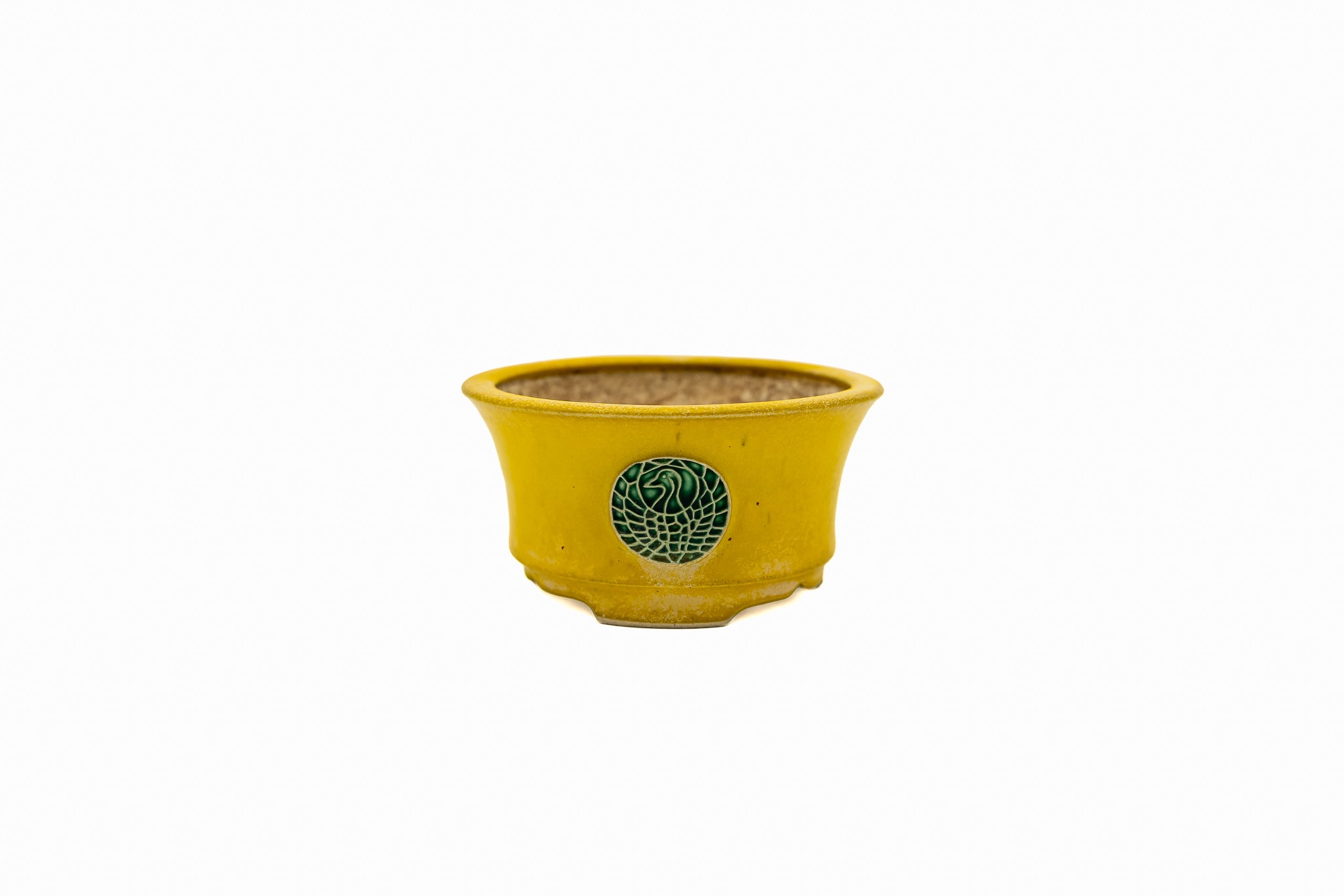 Piccolo vaso rotondo per bonsai – Smalto giallo, medaglione vintage