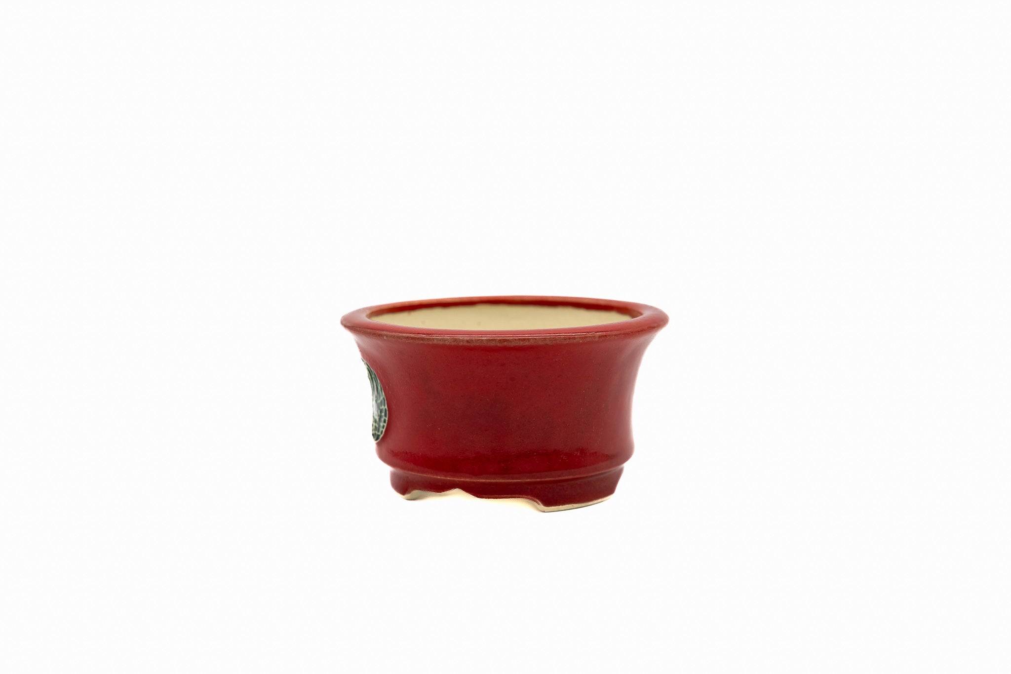 Piccolo vaso rotondo per bonsai – Smalto rosso, forma audace