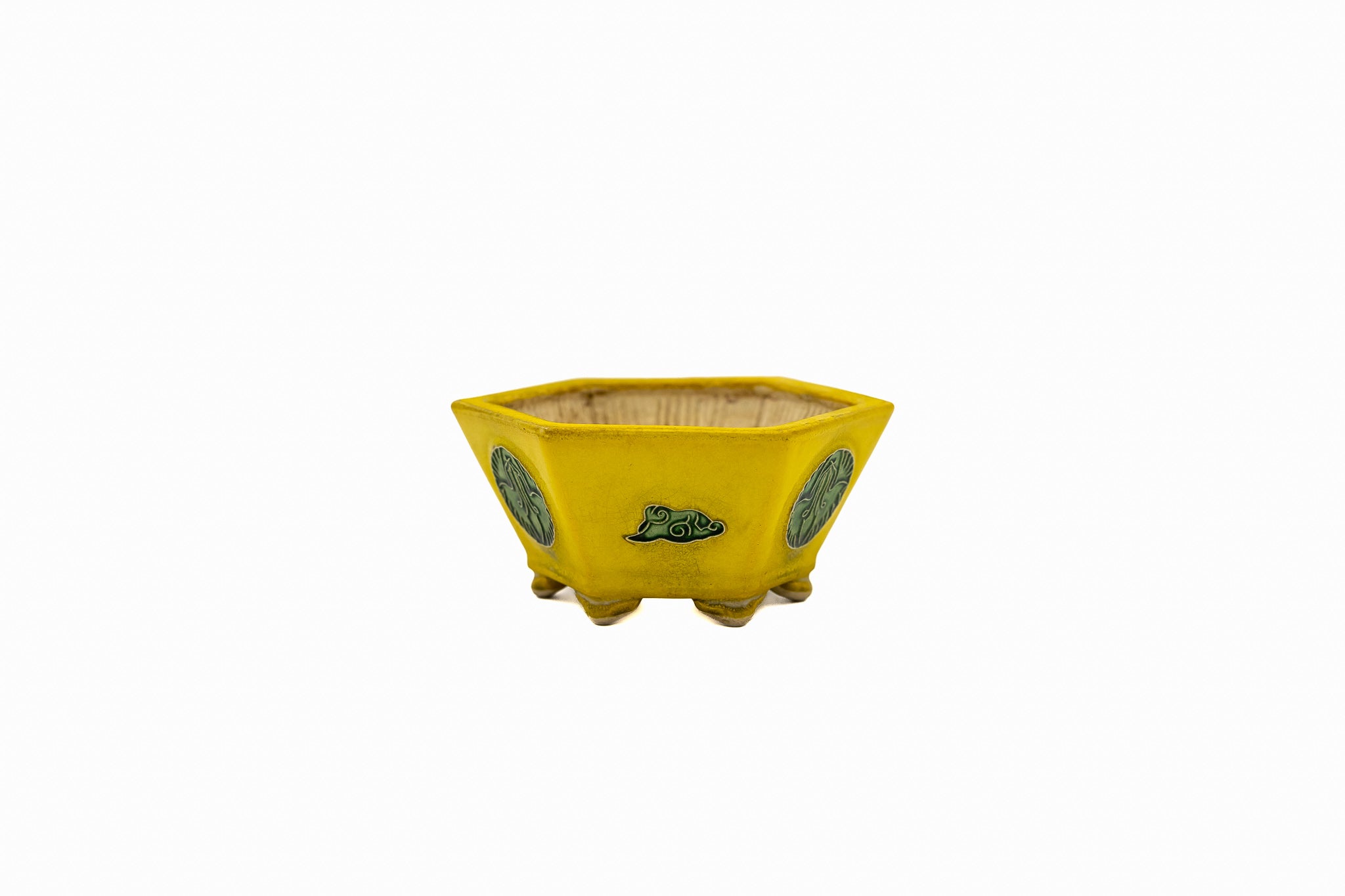 Piccolo vaso esagonale per bonsai – Smalto giallo, medaglione vintage