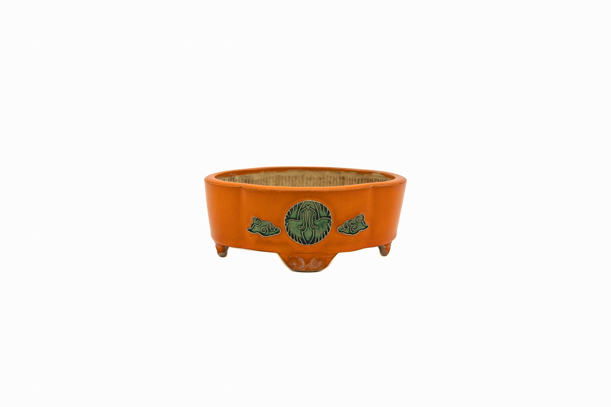 Piccolo vaso rotondo per bonsai – Smalto color arancio moka, medaglione intagliato a mano